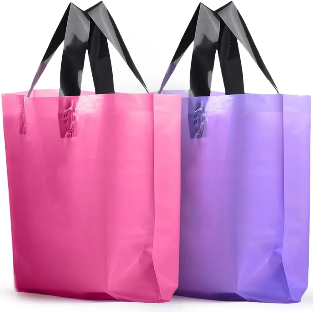 100PCS Pink & Purple Plastic Bags with Handles - 14" x 10" Medium Shopping Bags for Business, Christmas, Birthday, Party and Celebrations