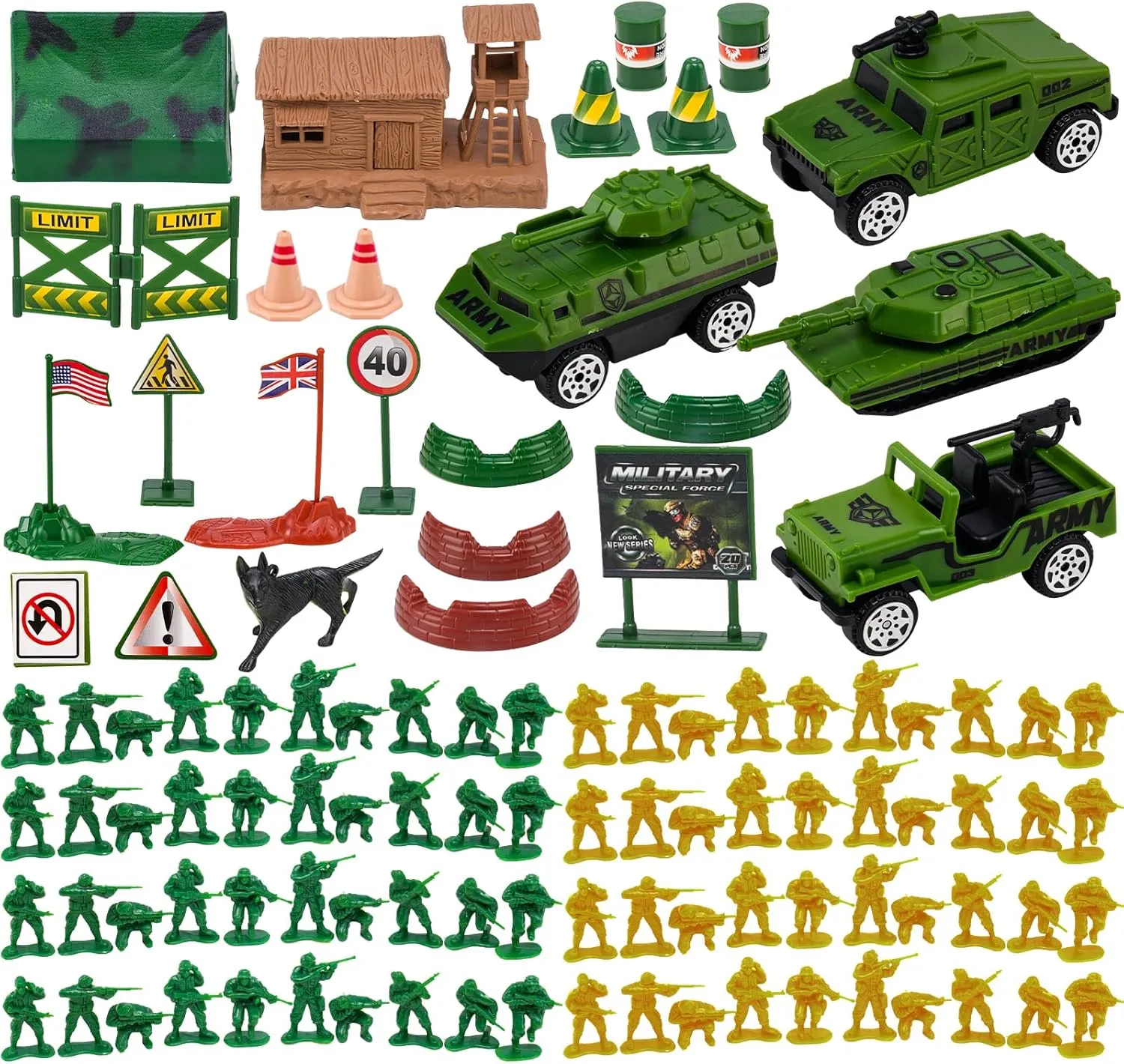105 PCS Army Men Playset with Army Men Action Figures, Army Men Soldiers Toys for Boys Kids Ages 4-8-12, Military Toys Set with Army Men Tank, Plane, Green Army Men, Army Guys, 4 Cars