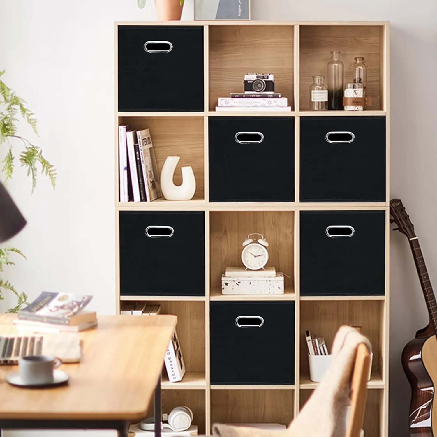 11 Inch Foldable Storage Bins ,Black Fabric Cubes Organizer Baskets with Handle for Closet or Collapsible Box, 11x11x11 Set of 2 (Black )