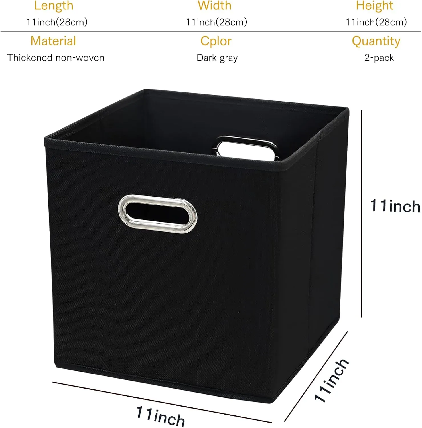 11 Inch Foldable Storage Bins ,Black Fabric Cubes Organizer Baskets with Handle for Closet or Collapsible Box, 11x11x11 Set of 2 (Black )