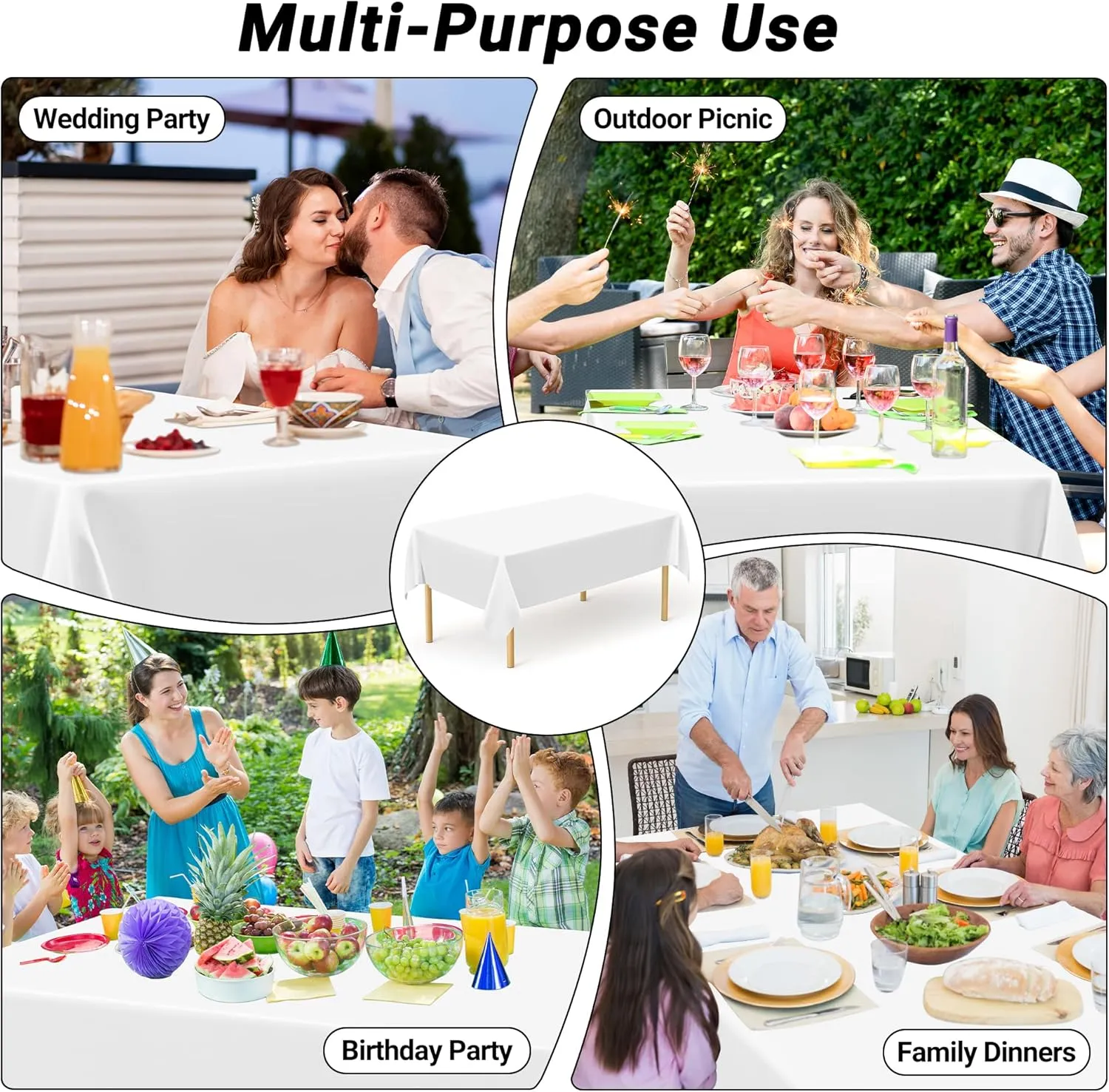 12 Packs Disposable White Plastic Table Cloths, 54 X 108 Inches Dining Table Cloth, Plastic Tablecloths for Rectangle Tables, Quick Setup and Cleanup for Parties Picnic, Wedding and Outdoor