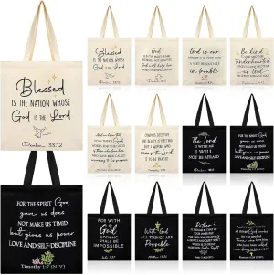 12 Pcs Christian Gift Bags for Women Bible Verse Tote Bags Inspirational Aesthetic Religious Scripture Gift for Church Grocery Makeup Shopping, 15.4 x 14.6 Inch