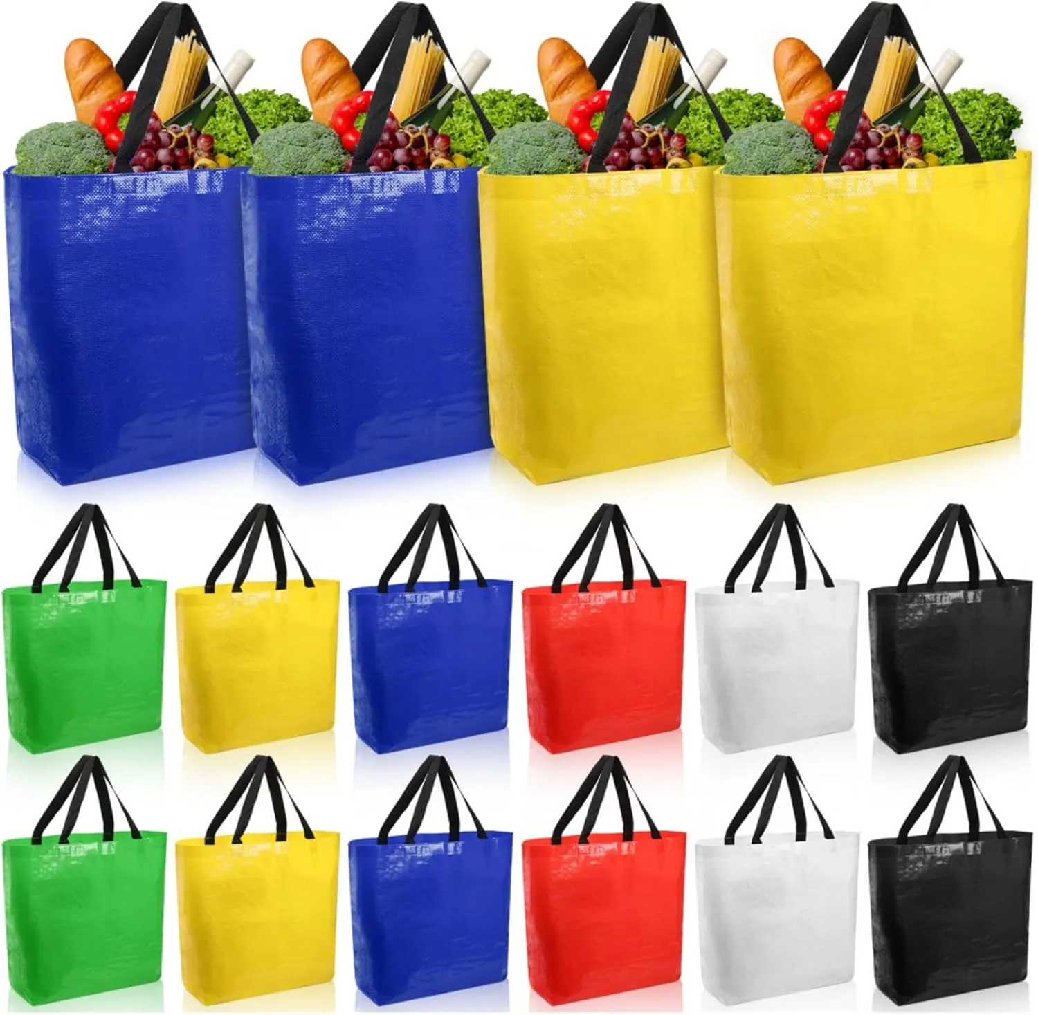 12 Pieces Reusable Grocery Bags, XL Heavy Duty Plastic Shopping Bag Bulk, Hold up to 80 Lbs, Waterproof Multicolor Tote with Handles for Fruit, Vegetable, Cans, Bottles