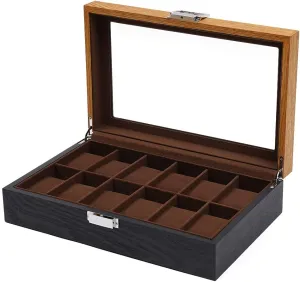 12-Slot Watch Case Display Case Storage Box Wooden Glass Top Jewelry Storage Box(Black   Wood)