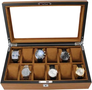12 Slot Wooden Watch Display Box Glass Top Jewelry Storage Organizer Case with Removal Storage Pillows for Men Women Birthday Father's Day- Brown