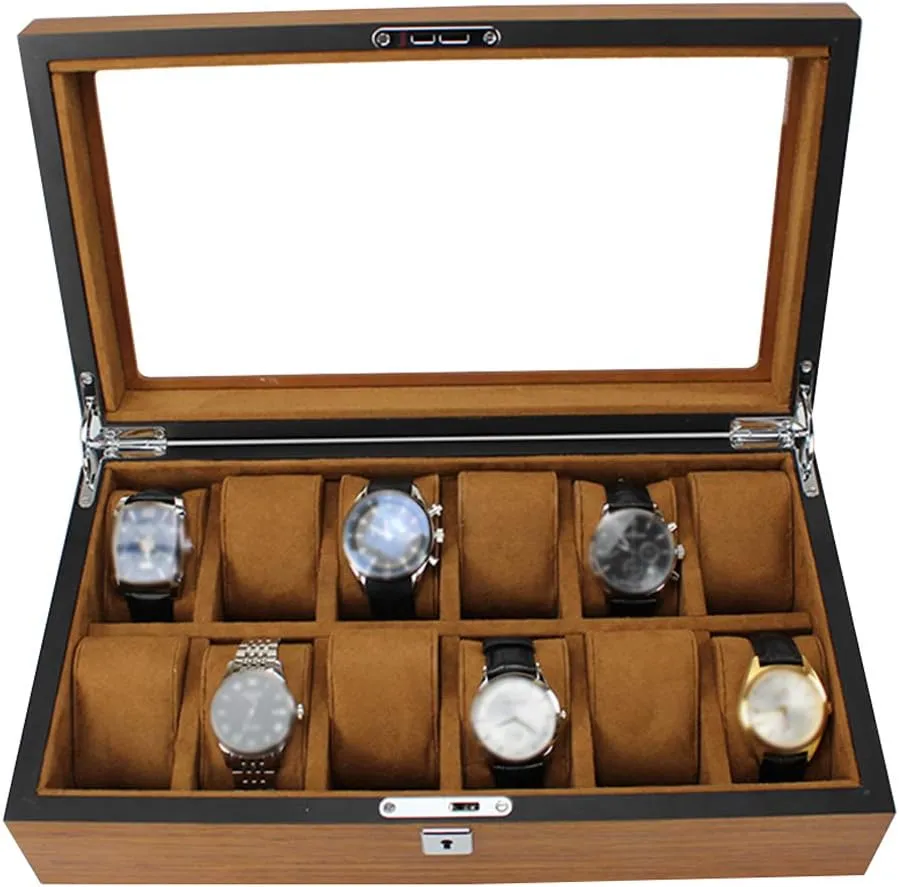 12 Slot Wooden Watch Display Box Glass Top Jewelry Storage Organizer Case with Removal Storage Pillows for Men Women Birthday Father's Day- Brown