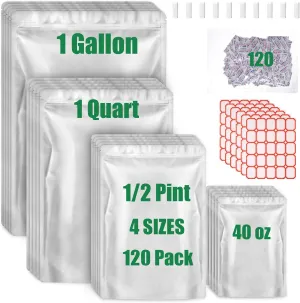 120 Mylar Bags for Food Storage with Oxygen Absorbers 120 x 300cc, Mylar Bags 9 Mil 1 Gallon, 1 Quart, 1/2 Pint, 40 Oz, Stand-Up Zipper Resealable Bags & Heat Sealable Food Storage Bags   Labels