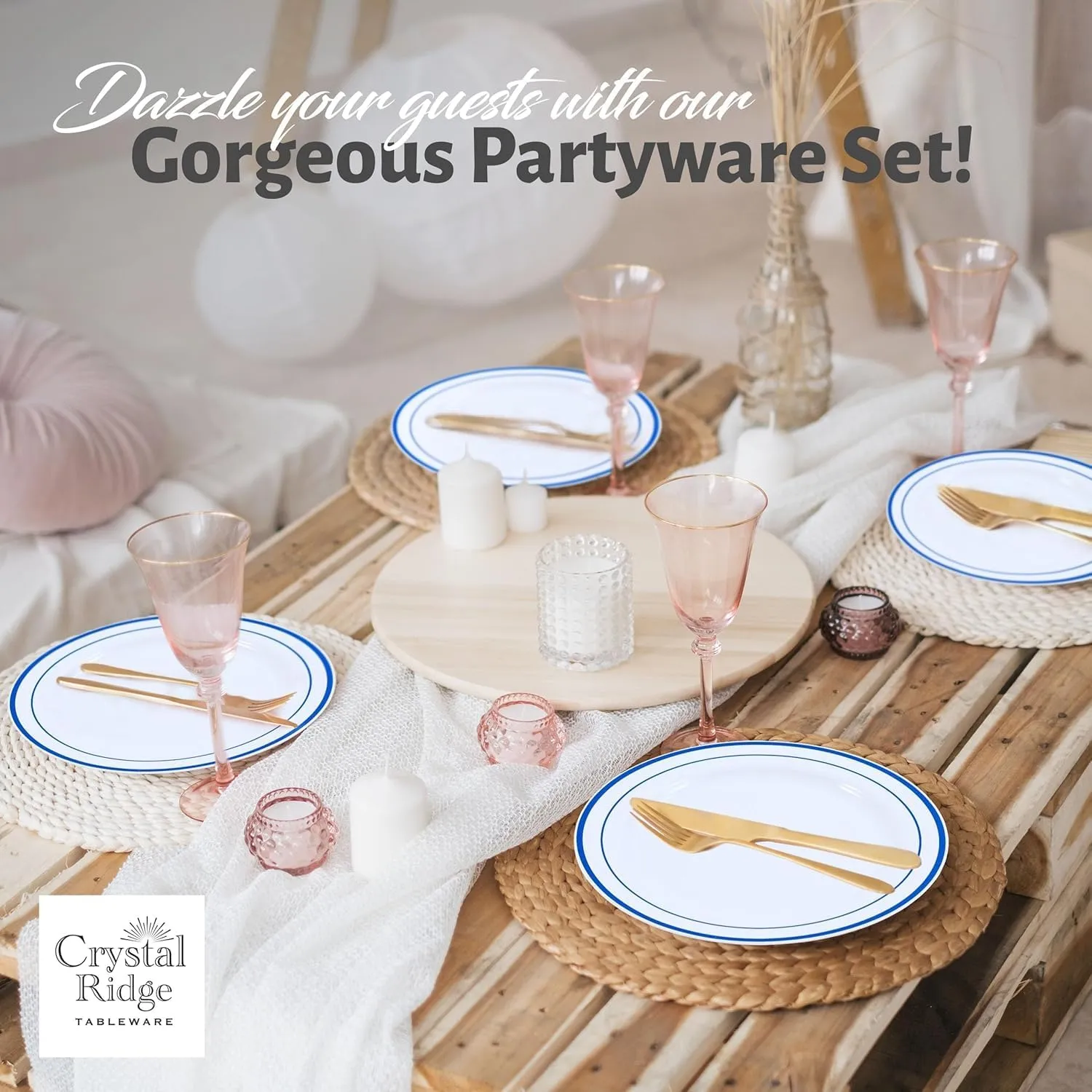 120-Piece Salad Plastic Plates Set - Premium Disposable Plates for Party - White with Blue Rim