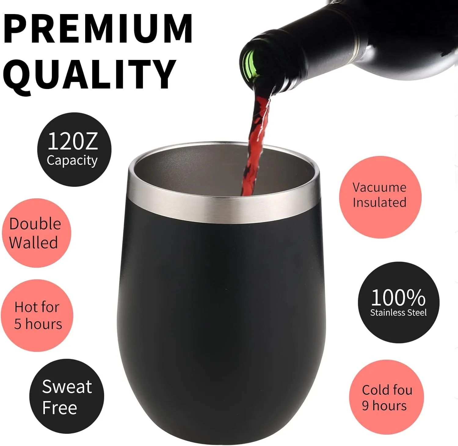 12oz/4 Pack Wine Tumbler Glasses with Lid Stemless Double Wall Vacuum Stainless Steel Travel Tumbler Keeping Cold & Hot for Wine,Coffee,Cocktails,Drinks-Family and Gifts (Black)