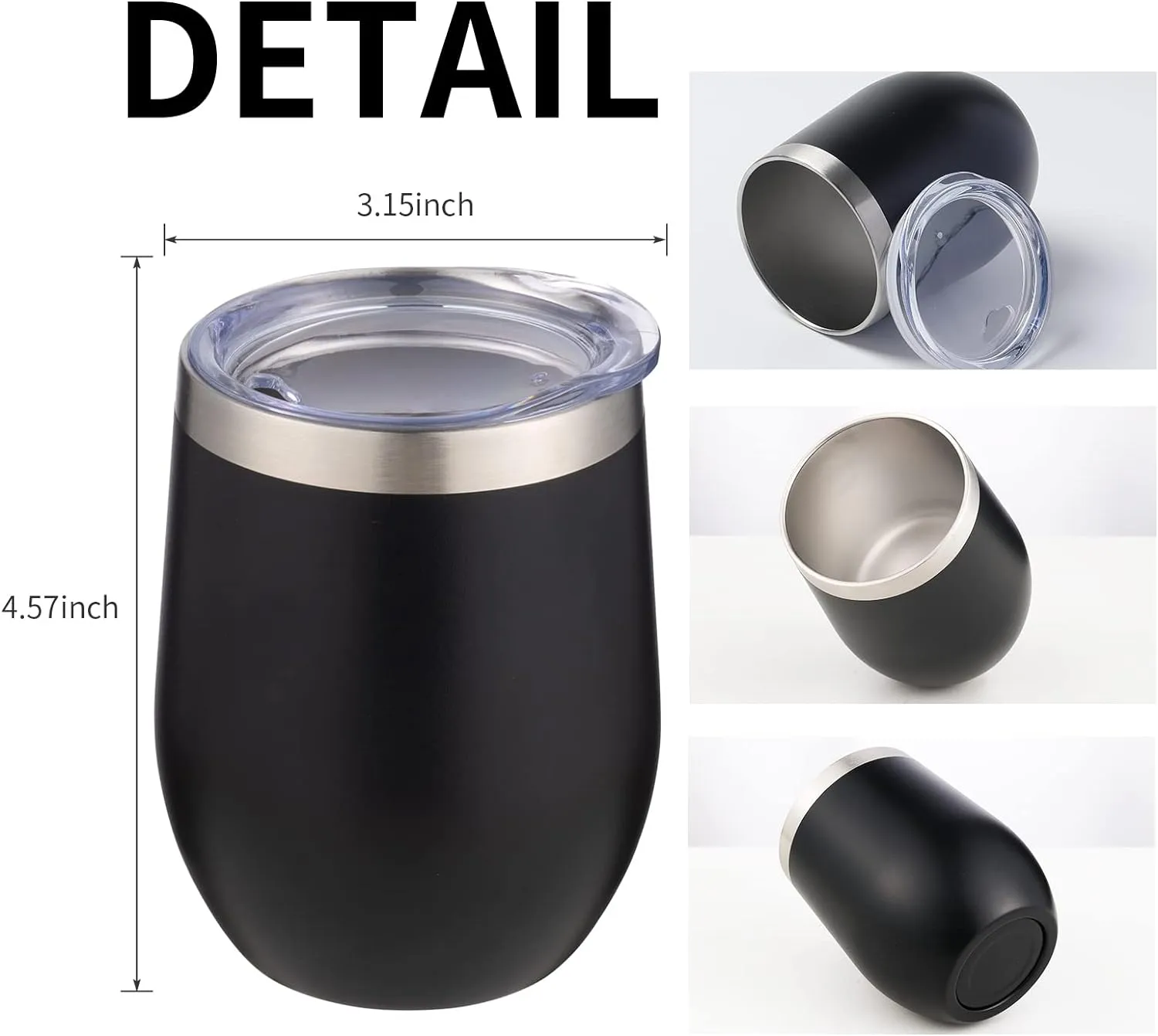 12oz/4 Pack Wine Tumbler Glasses with Lid Stemless Double Wall Vacuum Stainless Steel Travel Tumbler Keeping Cold & Hot for Wine,Coffee,Cocktails,Drinks-Family and Gifts (Black)