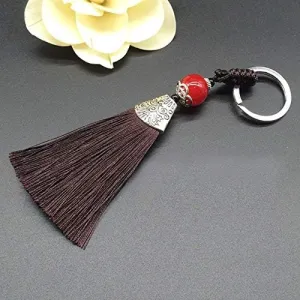 14cm Coffee Color Tassel Charms Ice Silk Key Ring with Beads Pendant Key Buckle Satin Tassels Jewelry Making 10pcs - (Color: Coffee Color)