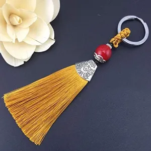 14cm Earthy Yellow Tassel Charms Ice Silk Key Ring with Beads Pendant Key Buckle Satin Tassels Jewelry Making 10pcs - (Color: Earthy Yellow)
