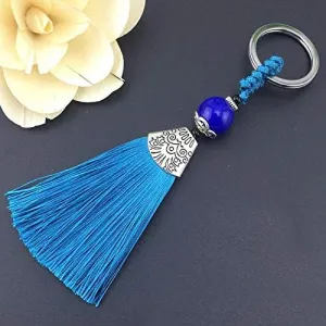 14cm Lake Blue Tassel Charms Ice Silk Key Ring with Beads Pendant Key Buckle Satin Tassels Jewelry Making 10pcs/lot - (Color: Lake Blue)