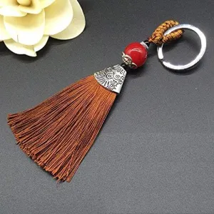 14cm Light Brown Tassel Charms Ice Silk Key Ring with Beads Pendant Key Buckle Satin Tassels Jewelry Making 10pcs - (Color: Light Brown)