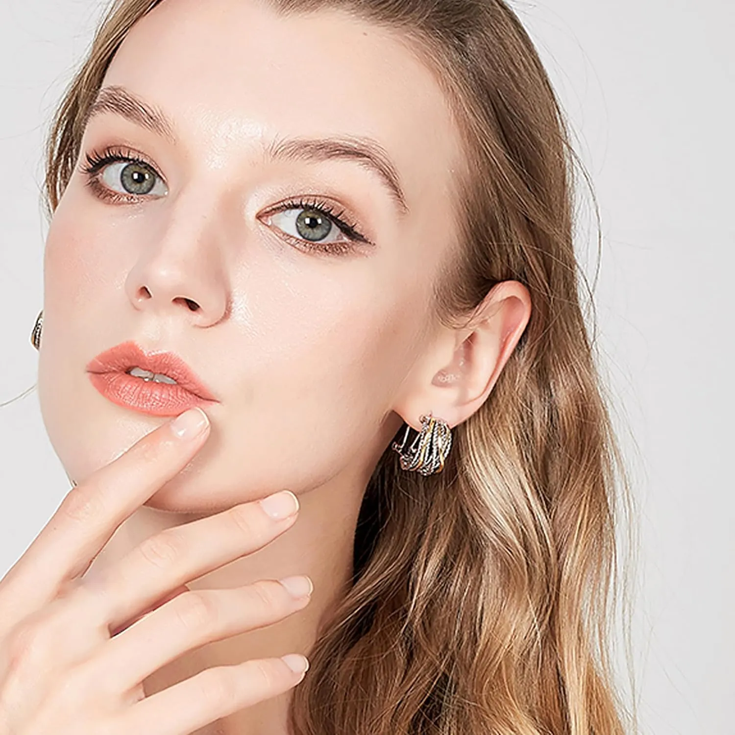 14k Gold Silver Earrings for Women, Crossover Half Hoop Earrings Two Tone Twisted Stud Lightweight Statement Earrings Jewelry