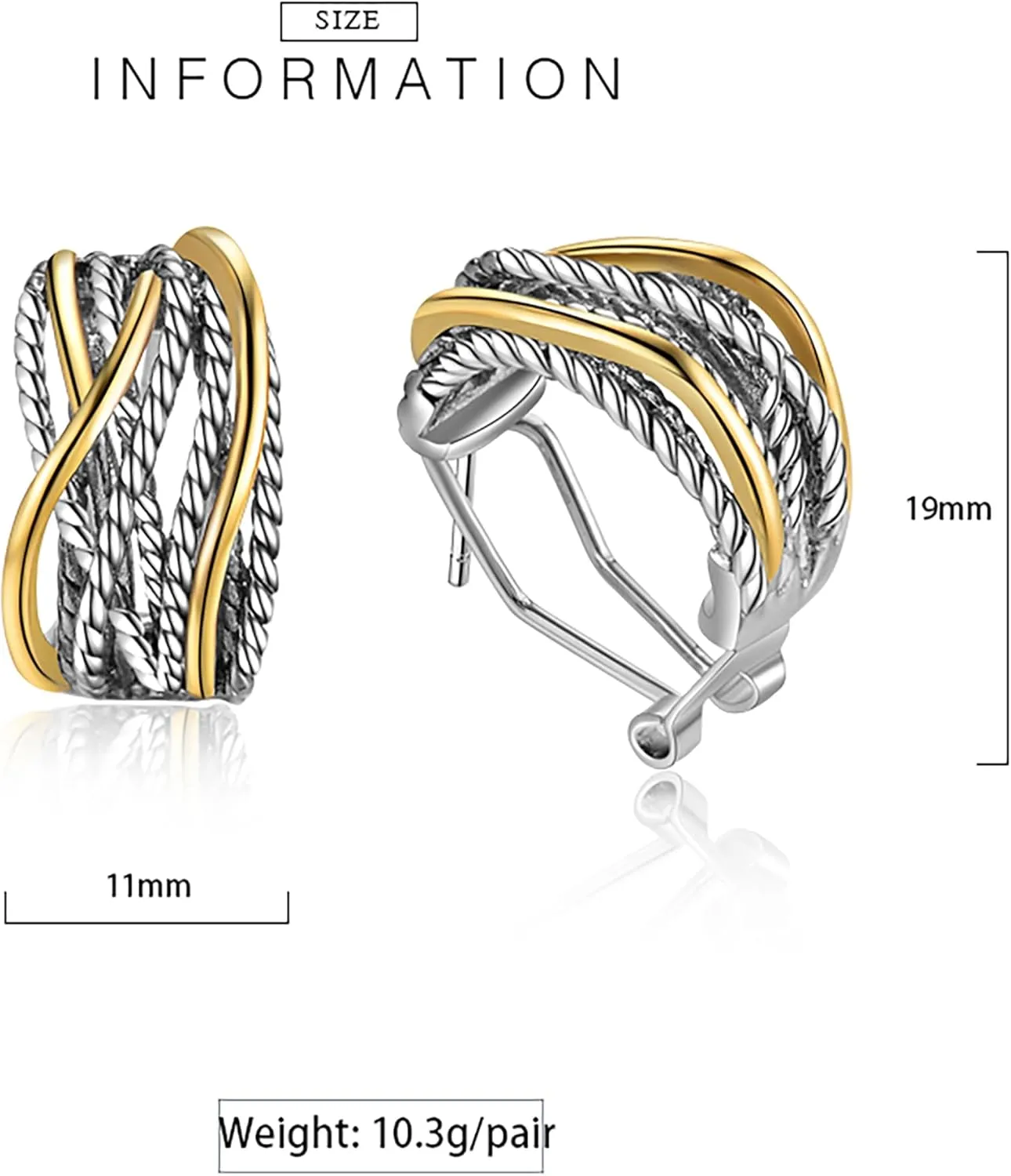 14k Gold Silver Earrings for Women, Crossover Half Hoop Earrings Two Tone Twisted Stud Lightweight Statement Earrings Jewelry