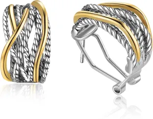 14k Gold Silver Earrings for Women, Crossover Half Hoop Earrings Two Tone Twisted Stud Lightweight Statement Earrings Jewelry