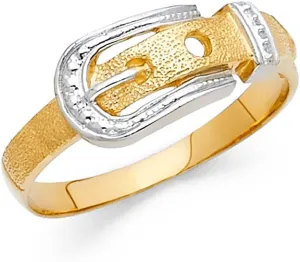 14k Yellow And White Gold Two Tone Ladies Belt Buckle Ring Sand/Satin Finish Fancy Design