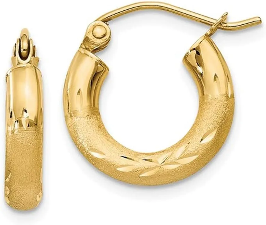 14K Yellow Gold Diamond Cut 3mm Hoop Earrings
