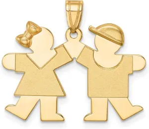 14k Yellow Gold Solid Engravable Small Girl on Left & Boy on Right Charm 22 mm x 26 mm