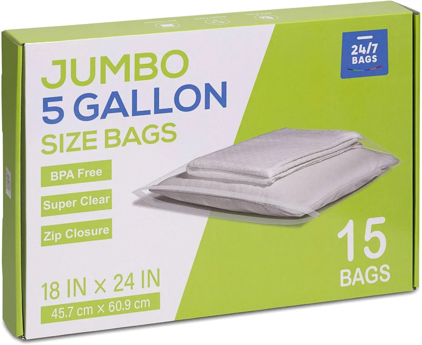 15 Count - Large Plastic Zip Bags, 5 Gallon Size (18" x 24"), Jumbo Storage Bags,3 Mils, Food-Contact Safe, BPA-Free, Ideal for Seasonal Items, Clothes, Moving, and Other Storage Needs, Clear