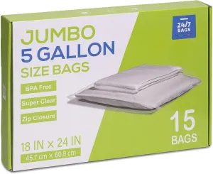 15 Count - Large Plastic Zip Bags, 5 Gallon Size (18" x 24"), Jumbo Storage Bags,3 Mils, Food-Contact Safe, BPA-Free, Ideal for Seasonal Items, Clothes, Moving, and Other Storage Needs, Clear