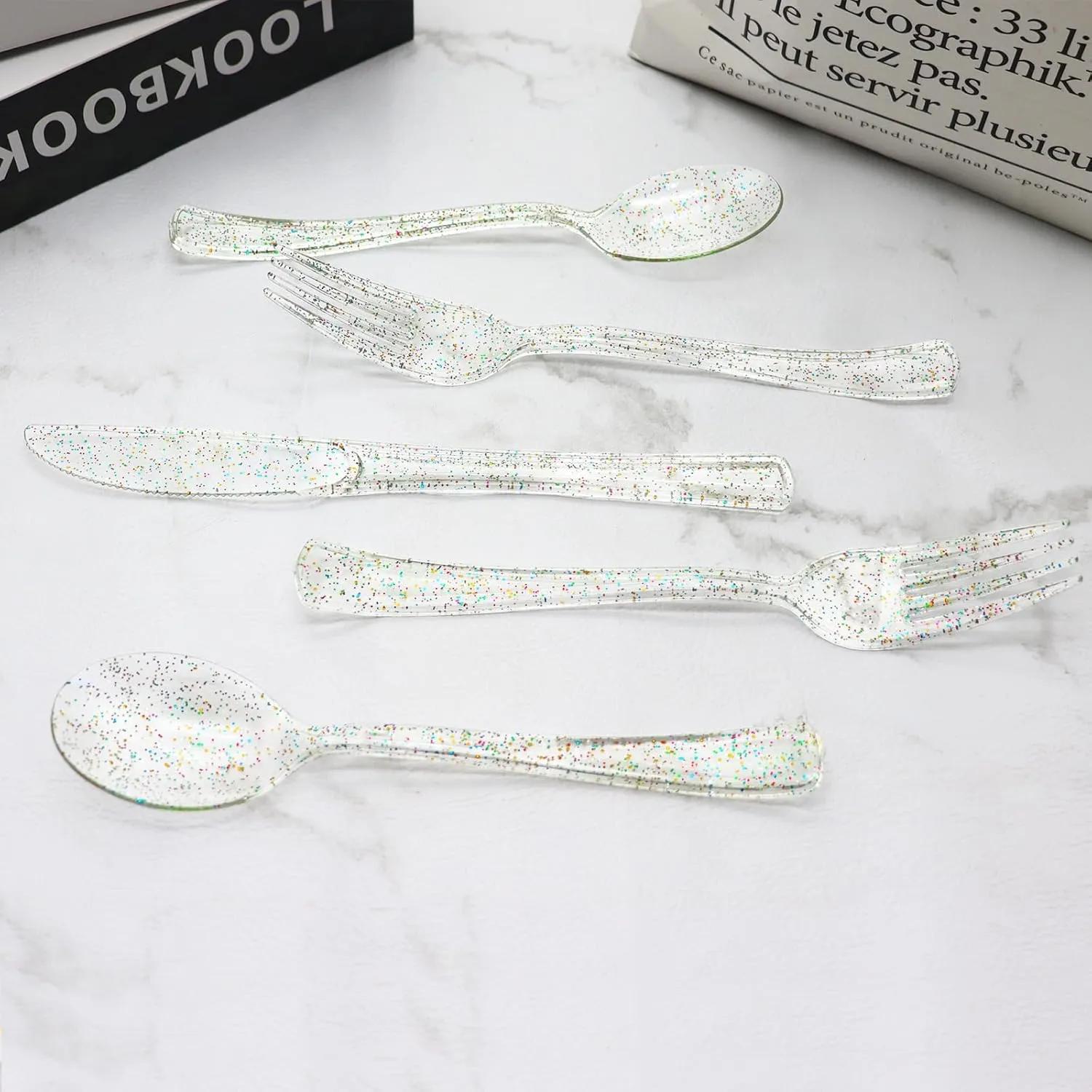 150 Pack Clear Plastic Silverware - Disposable Cutlery with Colorful Design, Includes 50 Forks, 50 Knives, 50 Spoons for Birthday, Wedding, Baby Shower
