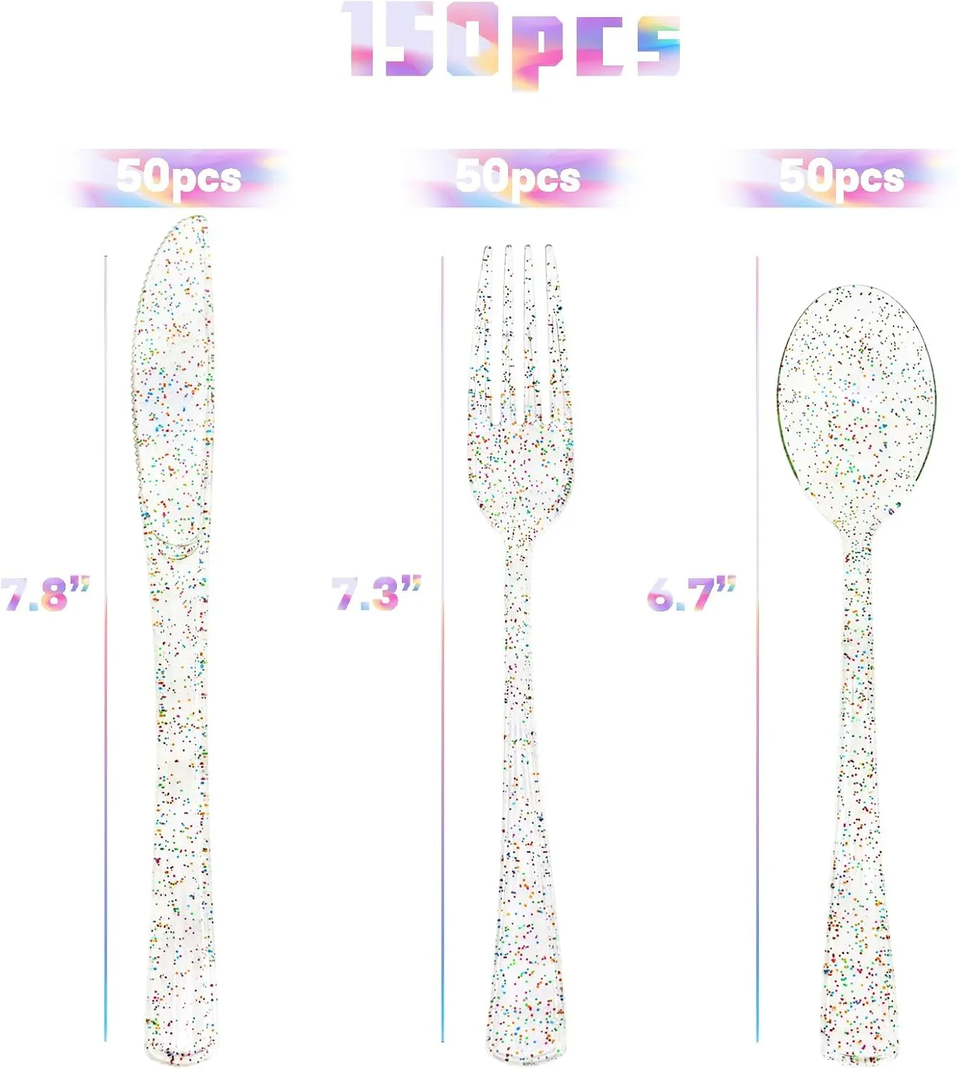 150 Pack Clear Plastic Silverware - Disposable Cutlery with Colorful Design, Includes 50 Forks, 50 Knives, 50 Spoons for Birthday, Wedding, Baby Shower