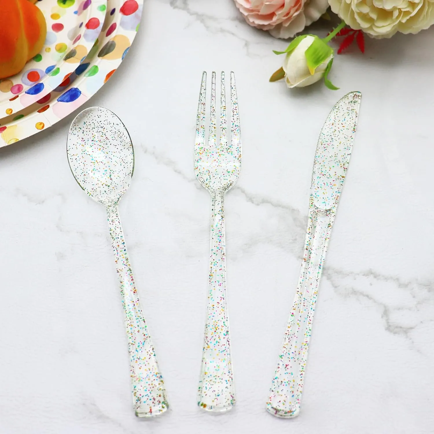 150 Pack Clear Plastic Silverware - Disposable Cutlery with Colorful Design, Includes 50 Forks, 50 Knives, 50 Spoons for Birthday, Wedding, Baby Shower