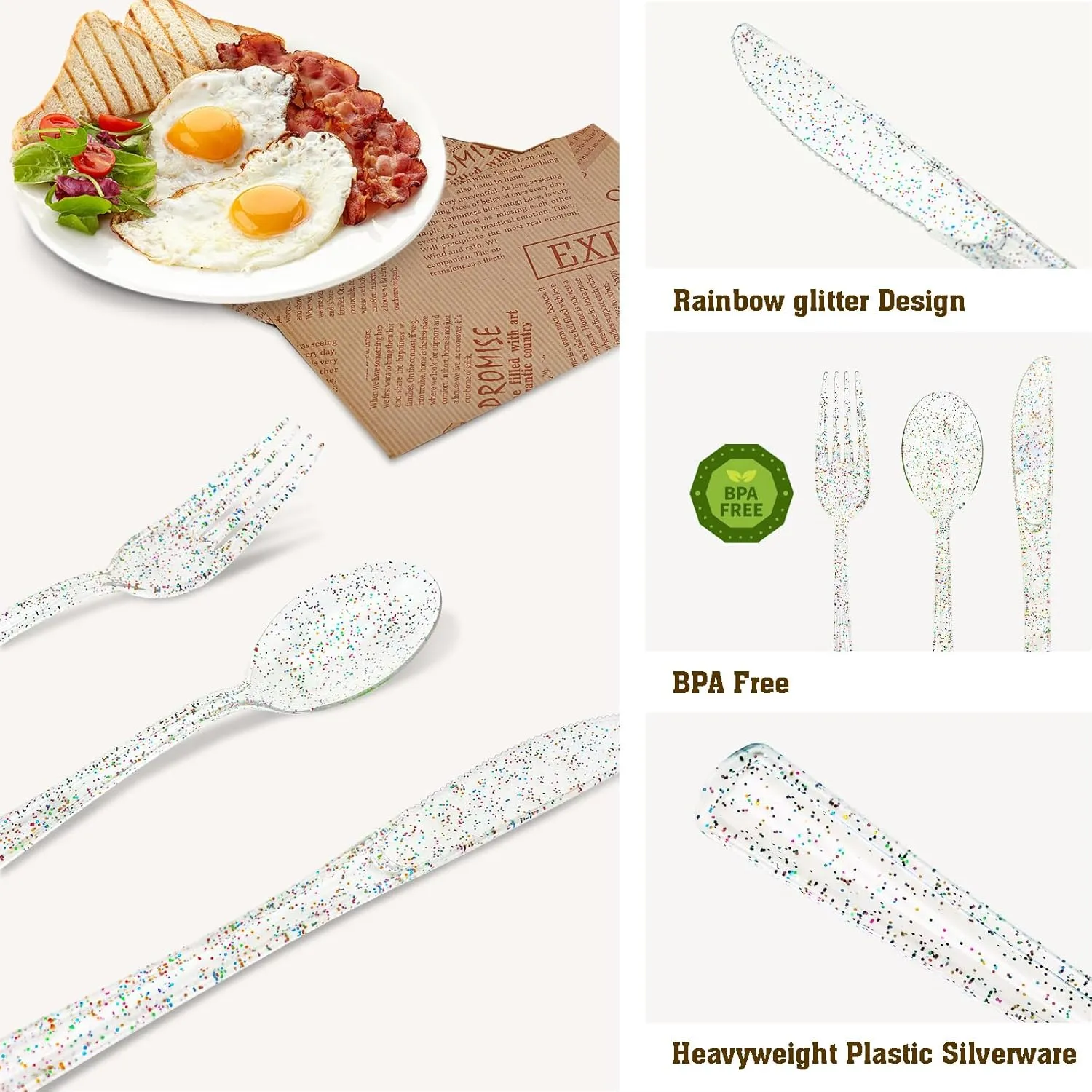 150 Pack Clear Plastic Silverware - Disposable Cutlery with Colorful Design, Includes 50 Forks, 50 Knives, 50 Spoons for Birthday, Wedding, Baby Shower