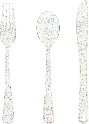 150 Pack Clear Plastic Silverware - Disposable Cutlery with Colorful Design, Includes 50 Forks, 50 Knives, 50 Spoons for Birthday, Wedding, Baby Shower