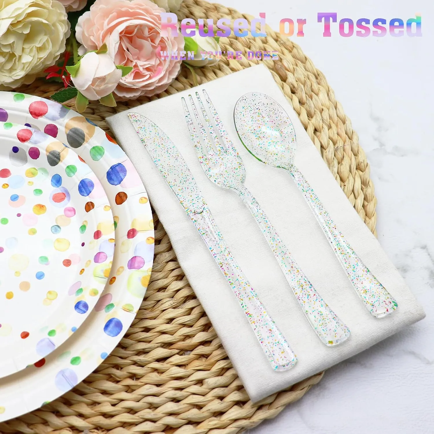 150 Pack Clear Plastic Silverware - Disposable Cutlery with Colorful Design, Includes 50 Forks, 50 Knives, 50 Spoons for Birthday, Wedding, Baby Shower