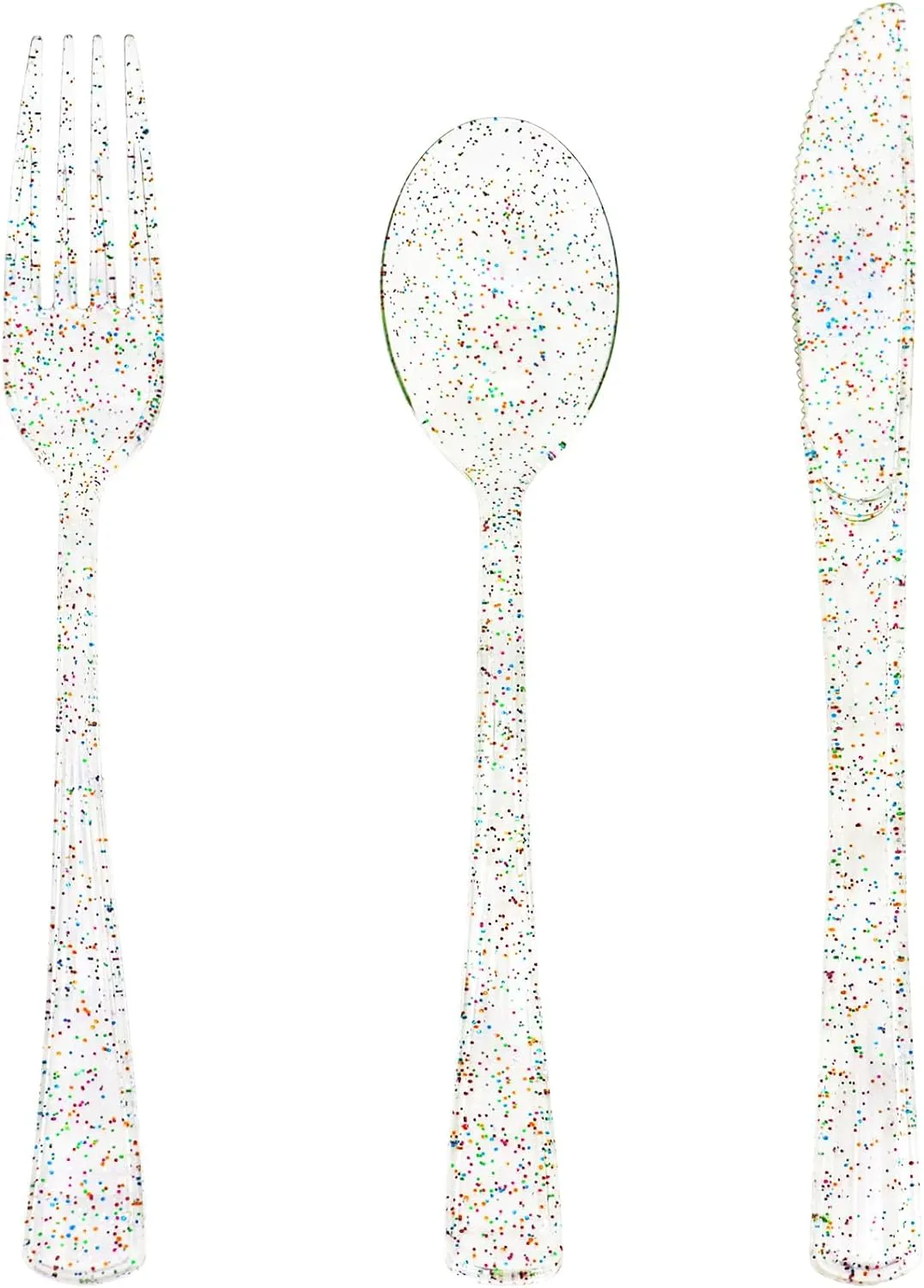 150 Pack Clear Plastic Silverware - Disposable Cutlery with Colorful Design, Includes 50 Forks, 50 Knives, 50 Spoons for Birthday, Wedding, Baby Shower