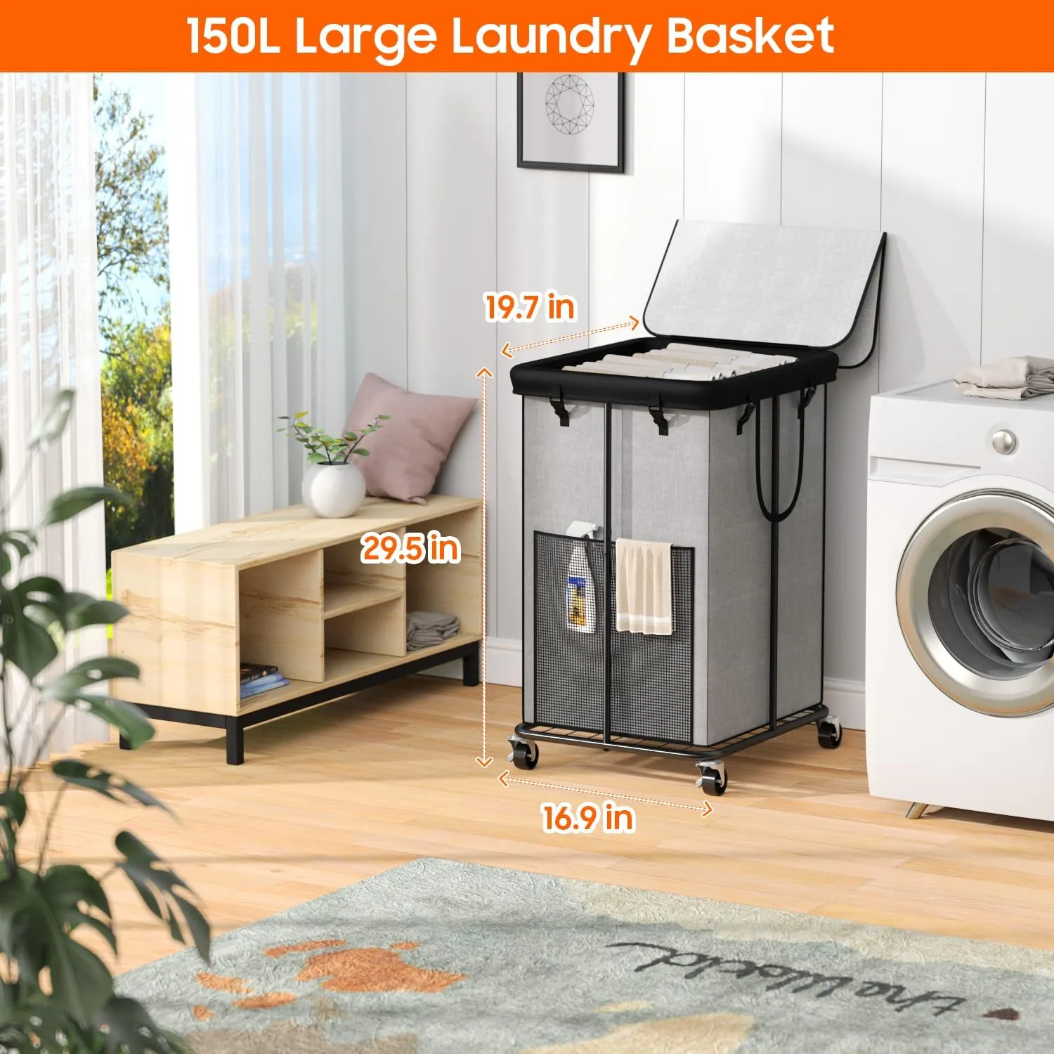 150L Laundry Hamper with Lid, Rolling Laundry Basket with Wheels, Large & Tall Dirty Clothes Hamper with Metal Frame and Removable Bag for Bedroom Aesthetic, Laundry Room, Bathroom, Dorm-Grey