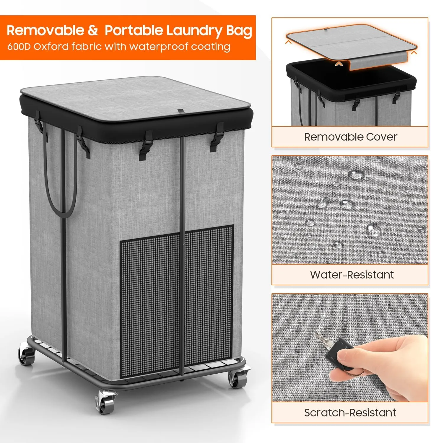 150L Laundry Hamper with Lid, Rolling Laundry Basket with Wheels, Large & Tall Dirty Clothes Hamper with Metal Frame and Removable Bag for Bedroom Aesthetic, Laundry Room, Bathroom, Dorm-Grey