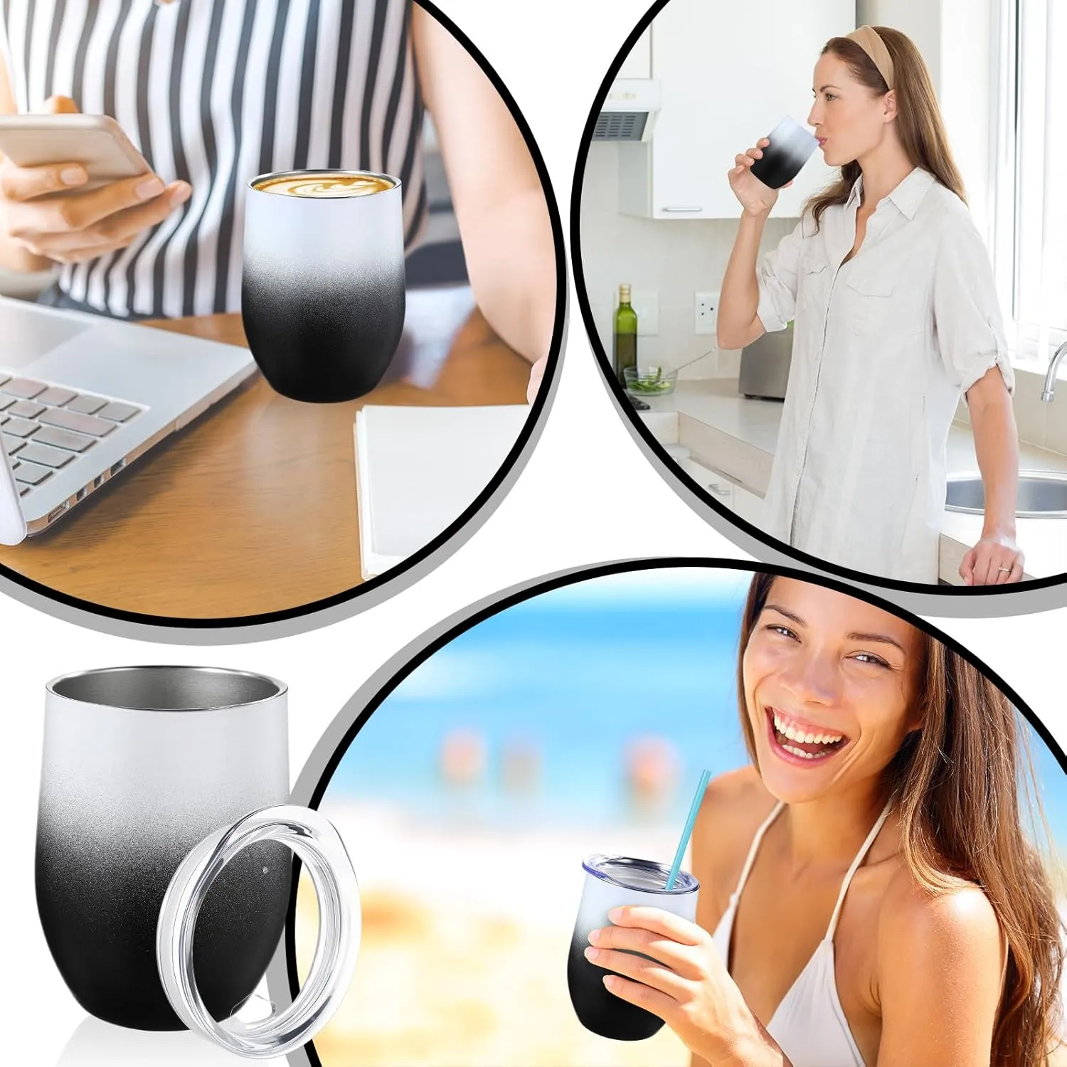 16 Pack Stainless Steel Wine Tumblers 12 oz Insulated Vacuum Wine Cup Set Double Wall Stainless Steel Stemless Mug Glasses for Coffee Soda Whiskey Outdoor Travel(Black and White)