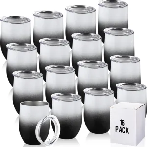 16 Pack Stainless Steel Wine Tumblers 12 oz Insulated Vacuum Wine Cup Set Double Wall Stainless Steel Stemless Mug Glasses for Coffee Soda Whiskey Outdoor Travel(Black and White)