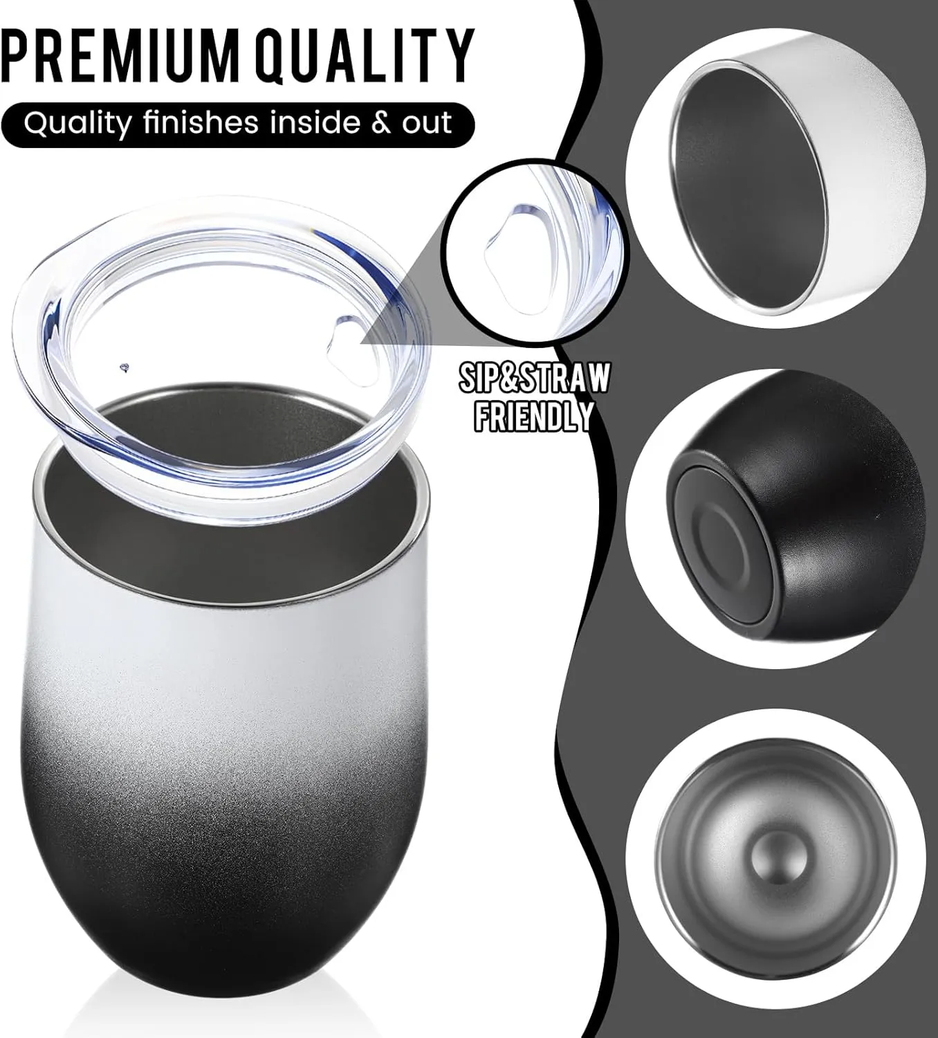 16 Pack Stainless Steel Wine Tumblers 12 oz Insulated Vacuum Wine Cup Set Double Wall Stainless Steel Stemless Mug Glasses for Coffee Soda Whiskey Outdoor Travel(Black and White)