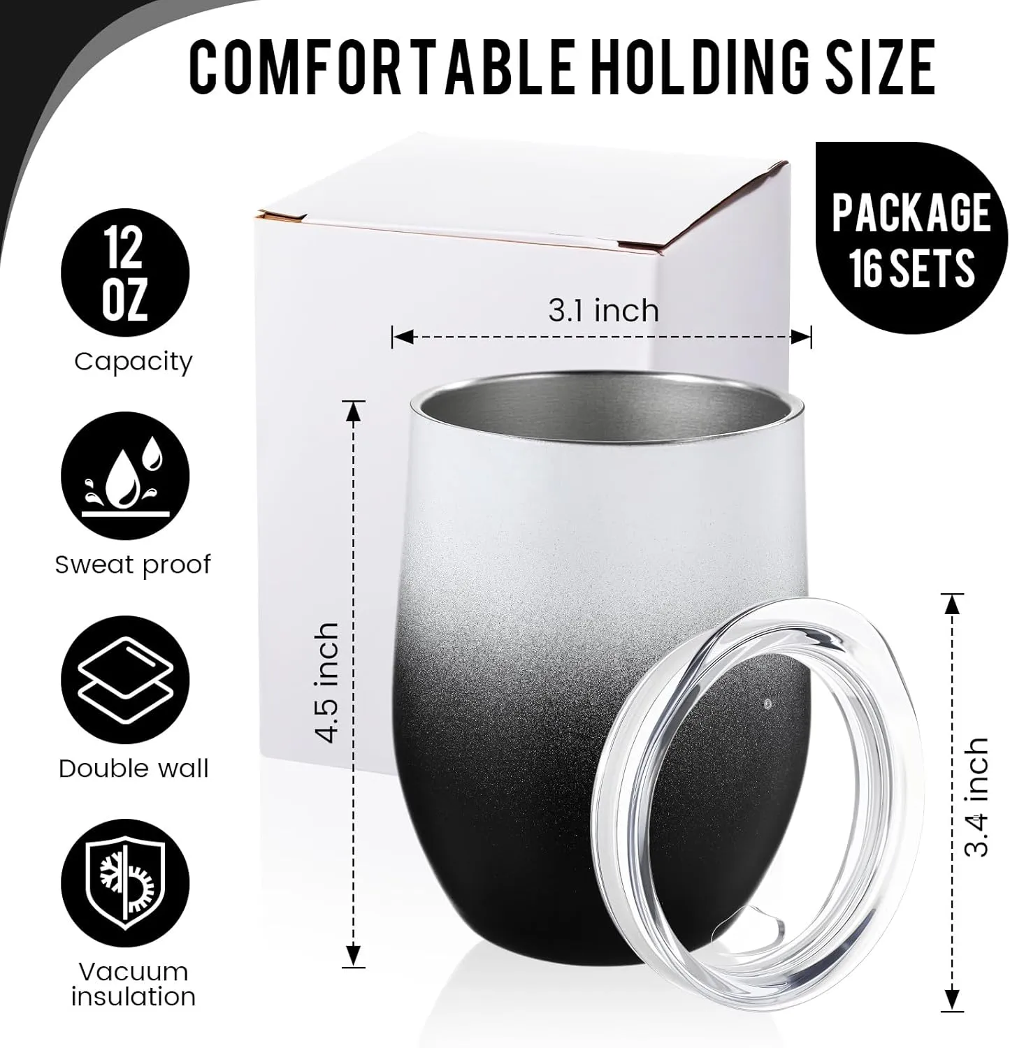 16 Pack Stainless Steel Wine Tumblers 12 oz Insulated Vacuum Wine Cup Set Double Wall Stainless Steel Stemless Mug Glasses for Coffee Soda Whiskey Outdoor Travel(Black and White)