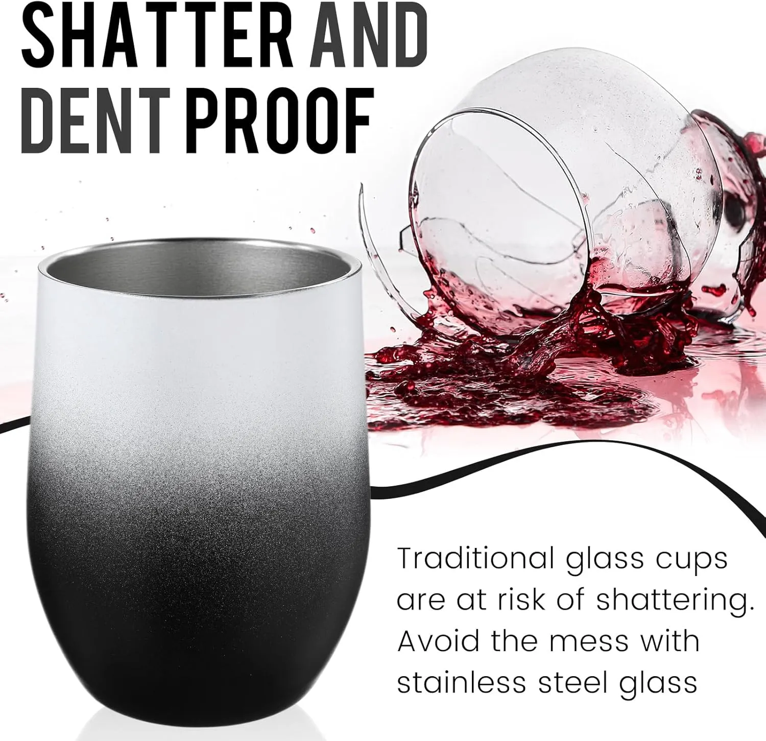 16 Pack Stainless Steel Wine Tumblers 12 oz Insulated Vacuum Wine Cup Set Double Wall Stainless Steel Stemless Mug Glasses for Coffee Soda Whiskey Outdoor Travel(Black and White)