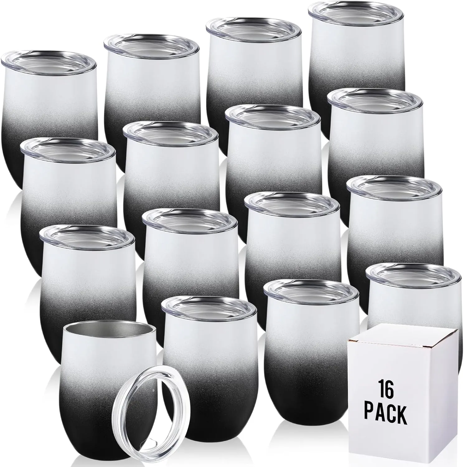 16 Pack Stainless Steel Wine Tumblers 12 oz Insulated Vacuum Wine Cup Set Double Wall Stainless Steel Stemless Mug Glasses for Coffee Soda Whiskey Outdoor Travel(Black and White)