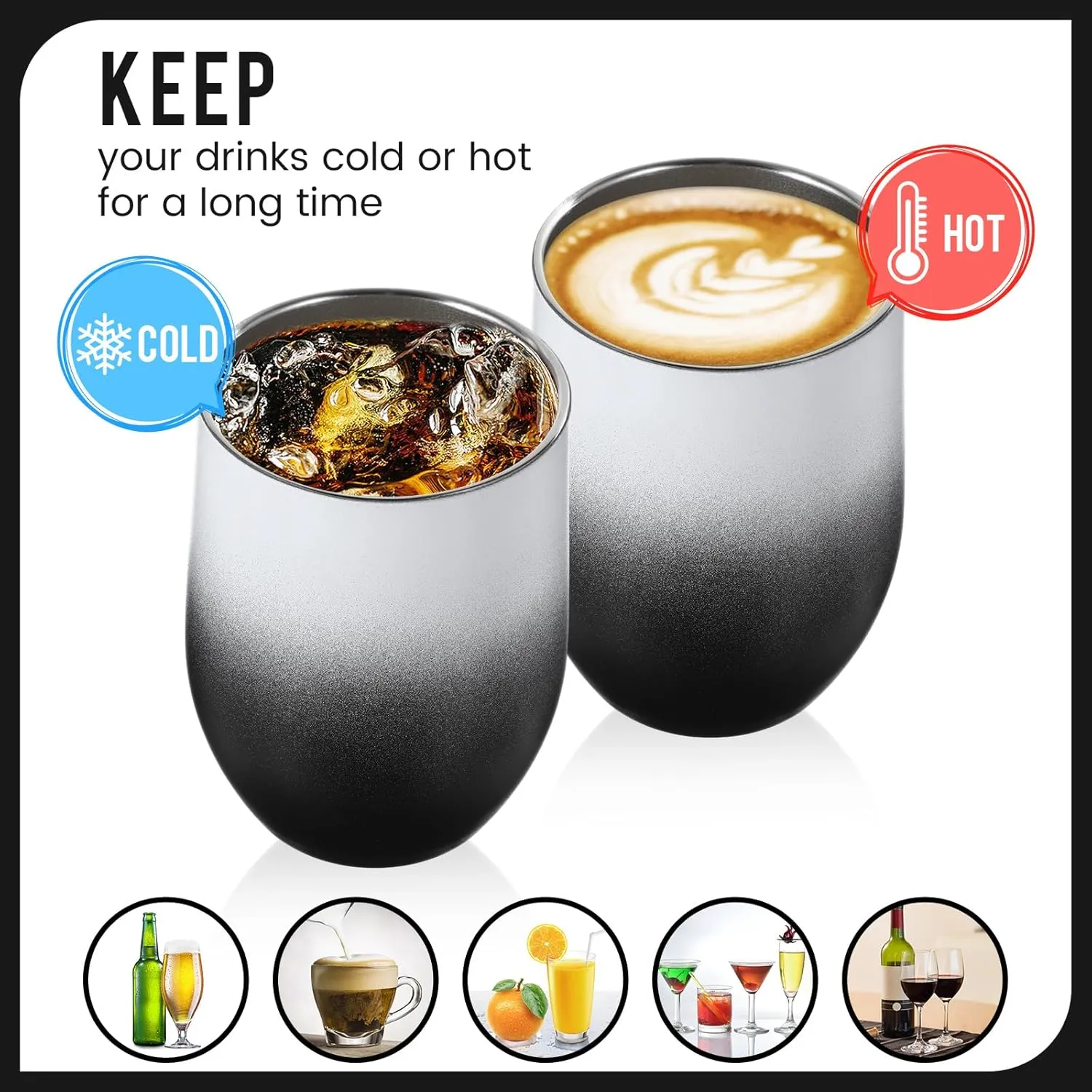 16 Pack Stainless Steel Wine Tumblers 12 oz Insulated Vacuum Wine Cup Set Double Wall Stainless Steel Stemless Mug Glasses for Coffee Soda Whiskey Outdoor Travel(Black and White)