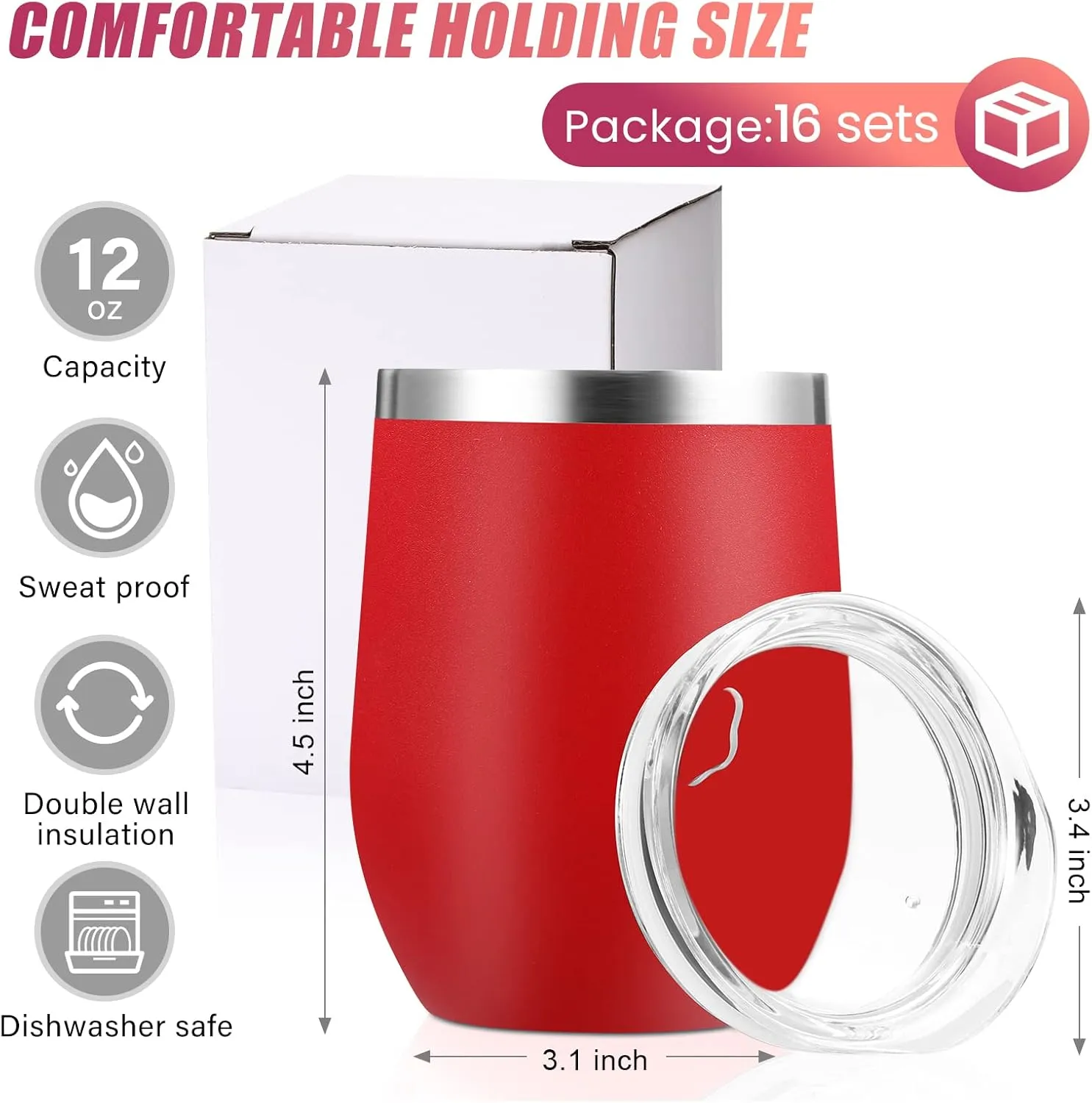 16 Pack Stainless Steel Wine Tumblers 12 oz Insulated Vacuum Wine Cup Set Double Wall Stainless Steel Stemless Mug Glasses for Coffee Soda Whiskey Outdoor Travel(Red)