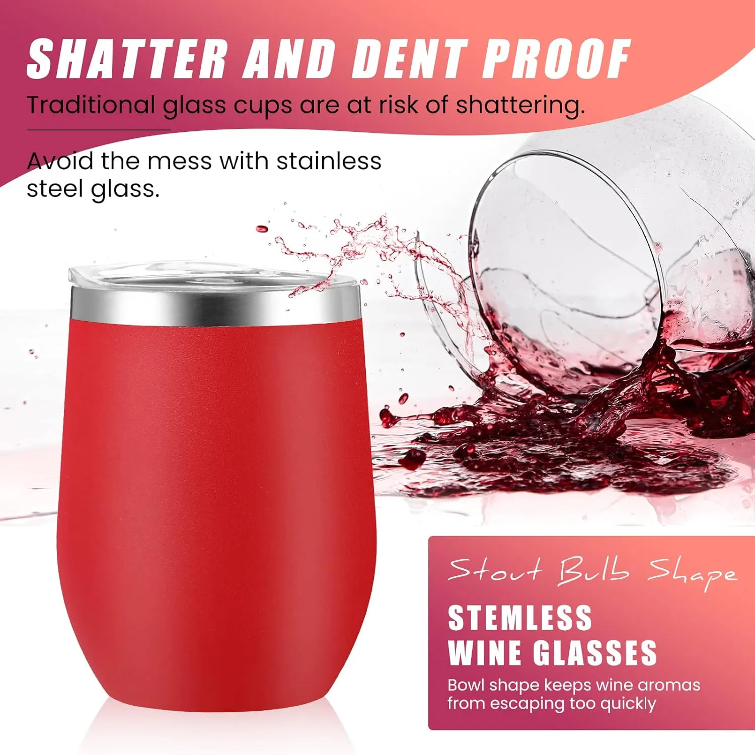 16 Pack Stainless Steel Wine Tumblers 12 oz Insulated Vacuum Wine Cup Set Double Wall Stainless Steel Stemless Mug Glasses for Coffee Soda Whiskey Outdoor Travel(Red)