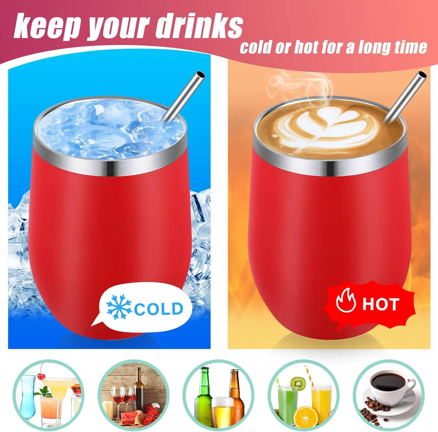 16 Pack Stainless Steel Wine Tumblers 12 oz Insulated Vacuum Wine Cup Set Double Wall Stainless Steel Stemless Mug Glasses for Coffee Soda Whiskey Outdoor Travel(Red)