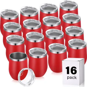 16 Pack Stainless Steel Wine Tumblers 12 oz Insulated Vacuum Wine Cup Set Double Wall Stainless Steel Stemless Mug Glasses for Coffee Soda Whiskey Outdoor Travel(Red)