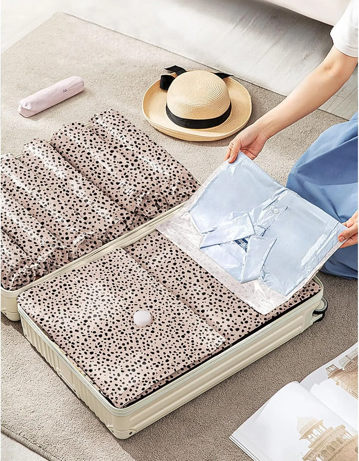 16 Pack Travel Vacuum Storage Bags with Electric Pump, 3 Large   6 Medium   7 Small Vacuum Sealer Bags, 80% Space Saver Bags for Luggage, Comforters and Blankets, Travel Essentials(Beige Leopard)