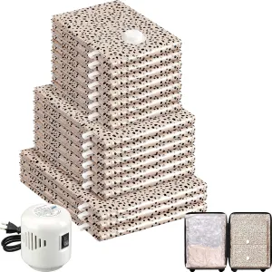 16 Pack Travel Vacuum Storage Bags with Electric Pump, 3 Large   6 Medium   7 Small Vacuum Sealer Bags, 80% Space Saver Bags for Luggage, Comforters and Blankets, Travel Essentials(Beige Leopard)