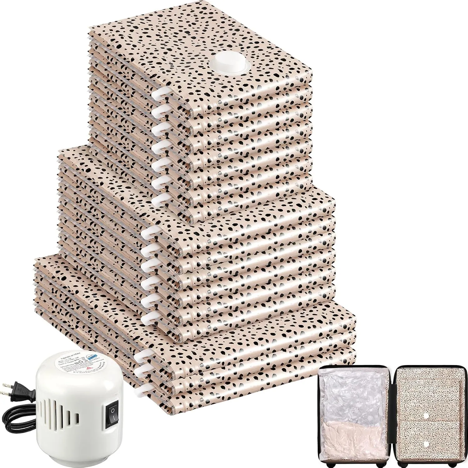 16 Pack Travel Vacuum Storage Bags with Electric Pump, 3 Large   6 Medium   7 Small Vacuum Sealer Bags, 80% Space Saver Bags for Luggage, Comforters and Blankets, Travel Essentials(Beige Leopard)