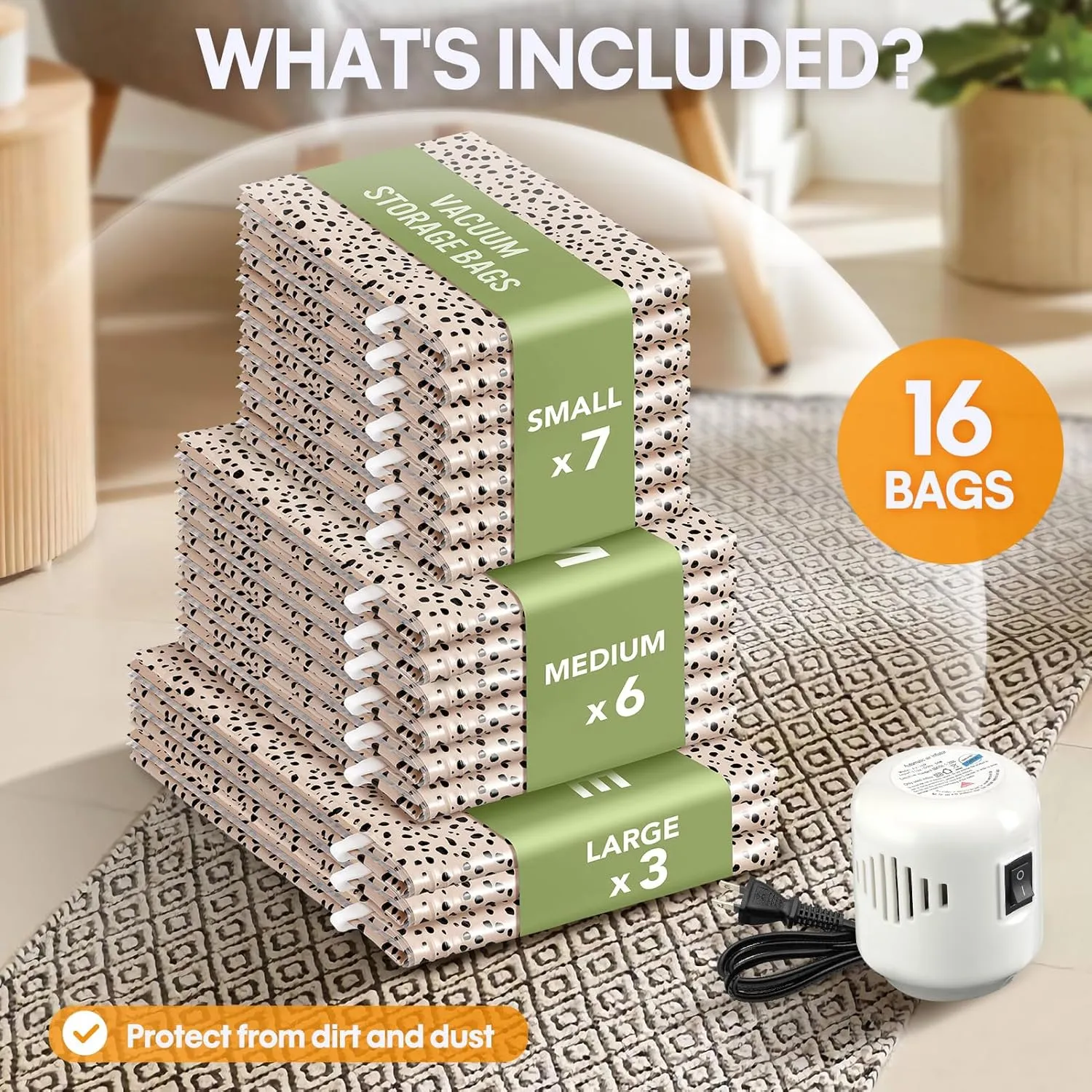 16 Pack Travel Vacuum Storage Bags with Electric Pump, 3 Large   6 Medium   7 Small Vacuum Sealer Bags, 80% Space Saver Bags for Luggage, Comforters and Blankets, Travel Essentials(Beige Leopard)